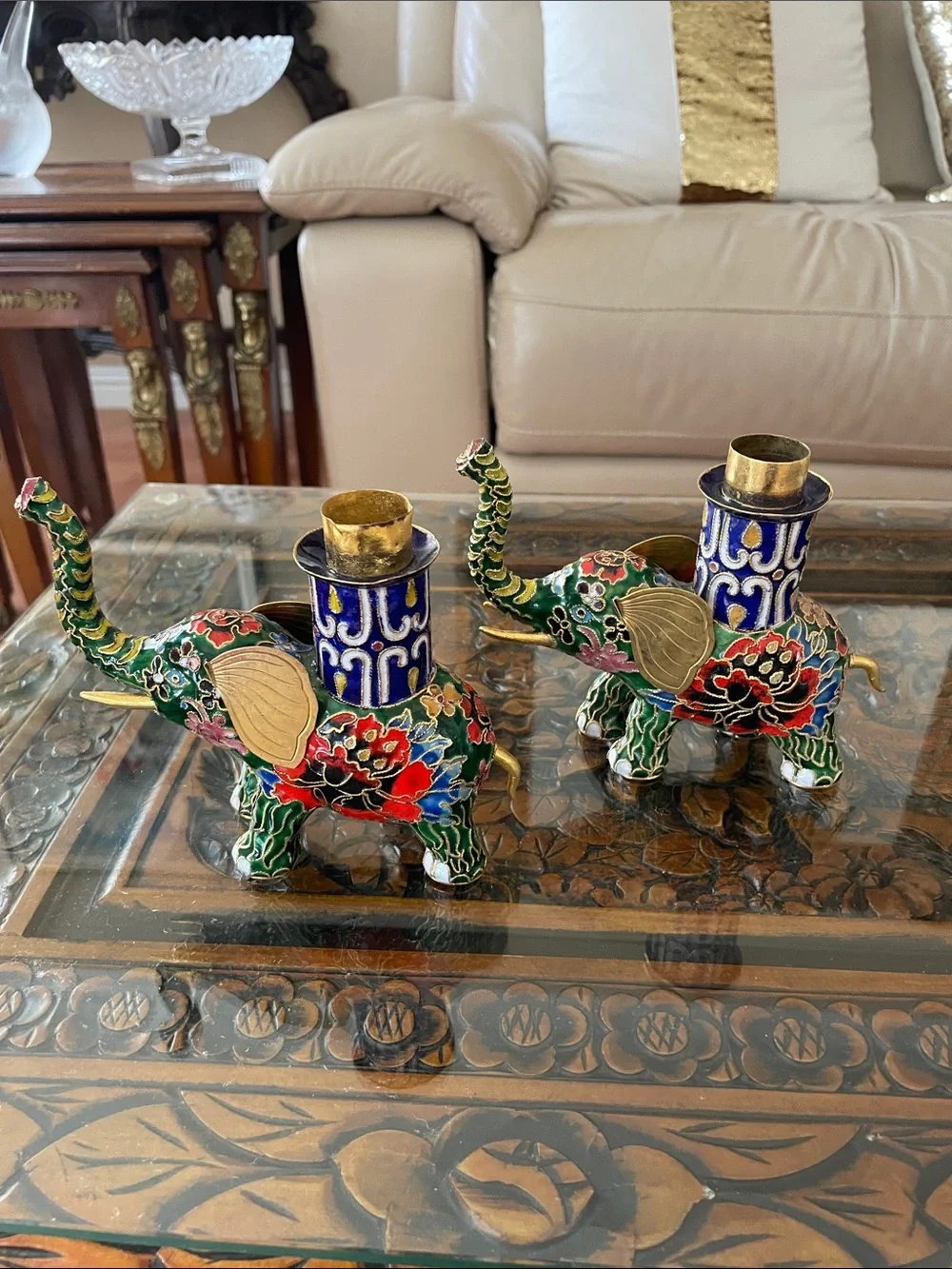 Vintage Pair of Chinese Cloisonne Elephant Candle Stick Holders